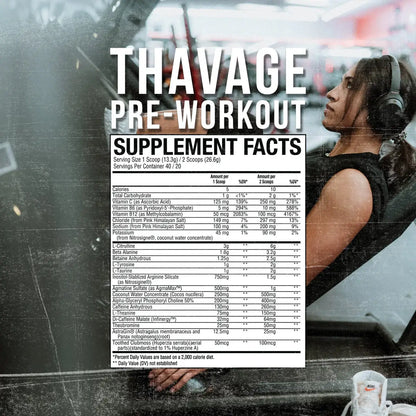 THAVAGE pre-workout supplement facts panel showing ingredients and nutritional values