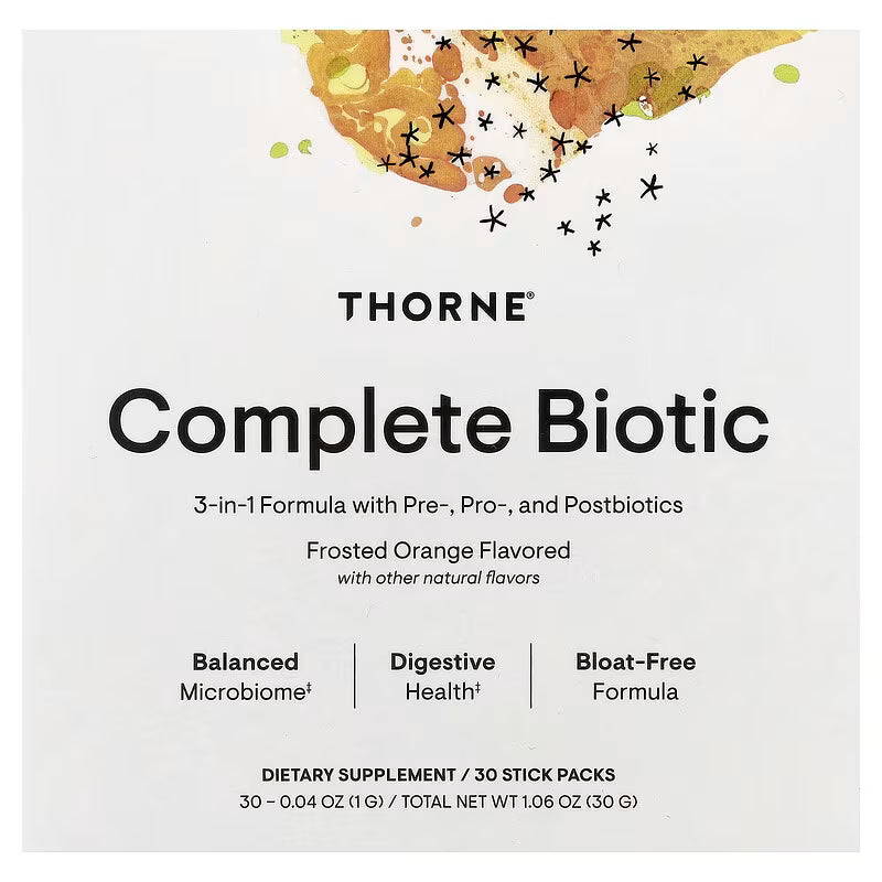 Thorne Complete Biotic frosted orange flavored supplement pouch with 30 stick packs on white background