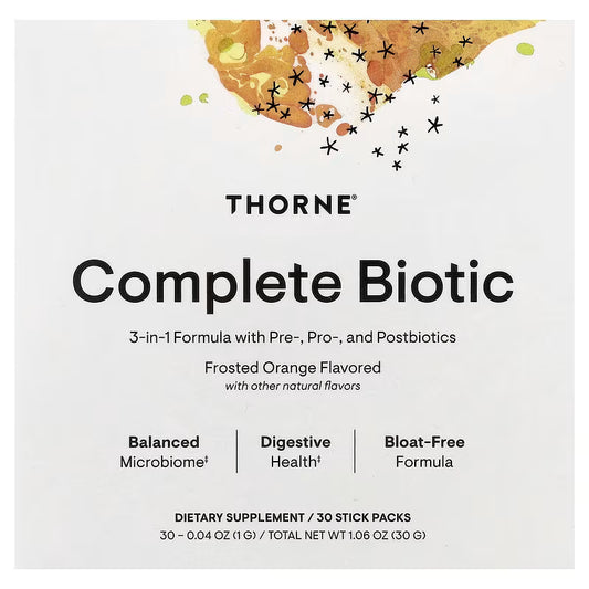 Thorne Complete Biotic frosted orange flavored supplement pouch with 30 stick packs on white background