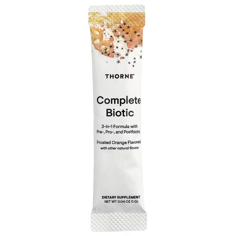 Thorne Complete Biotic frosted orange flavored single stick supplement packet on white background