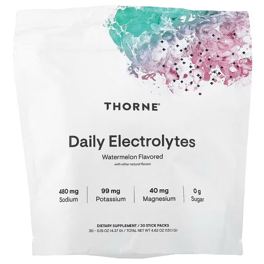 Thorne Daily Electrolytes watermelon flavored supplement packet on white background