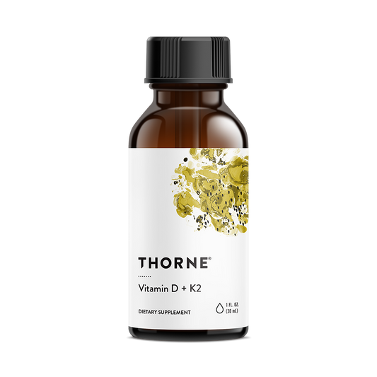Thorne Vitamin D + K2 liquid dietary supplement bottle