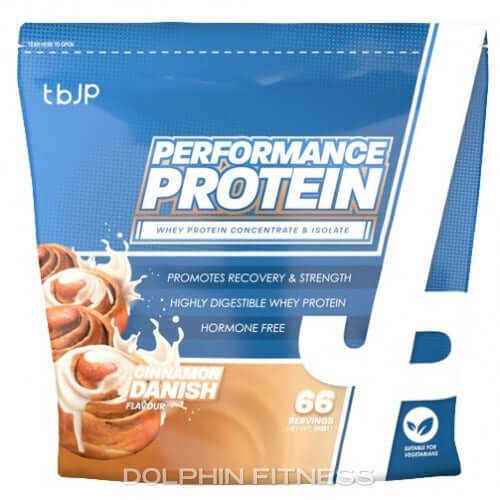 TBJP Performance Protein Cinnamon Danish flavor, 2kg pouch with 66 servings, promotes recovery and strength.