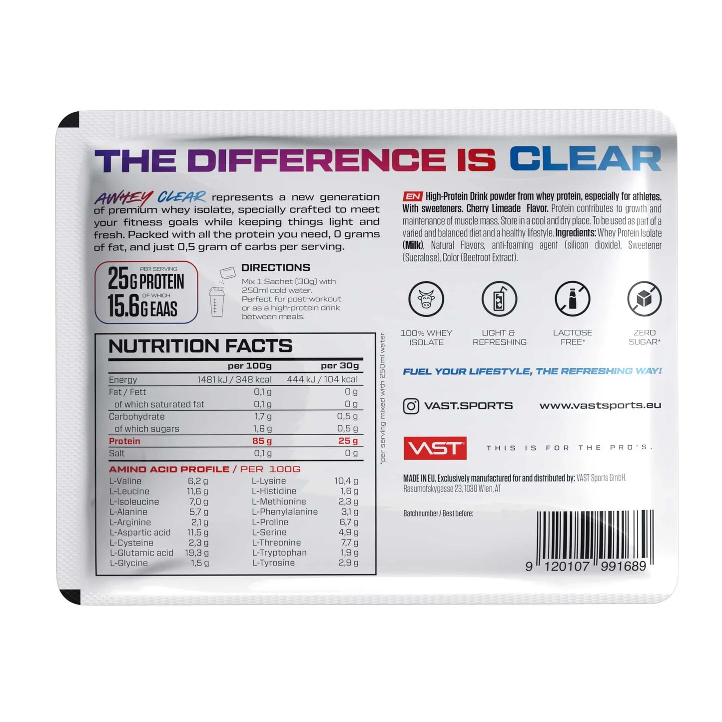 Vast AWHEY Clear whey protein sachet nutrition facts and ingredients