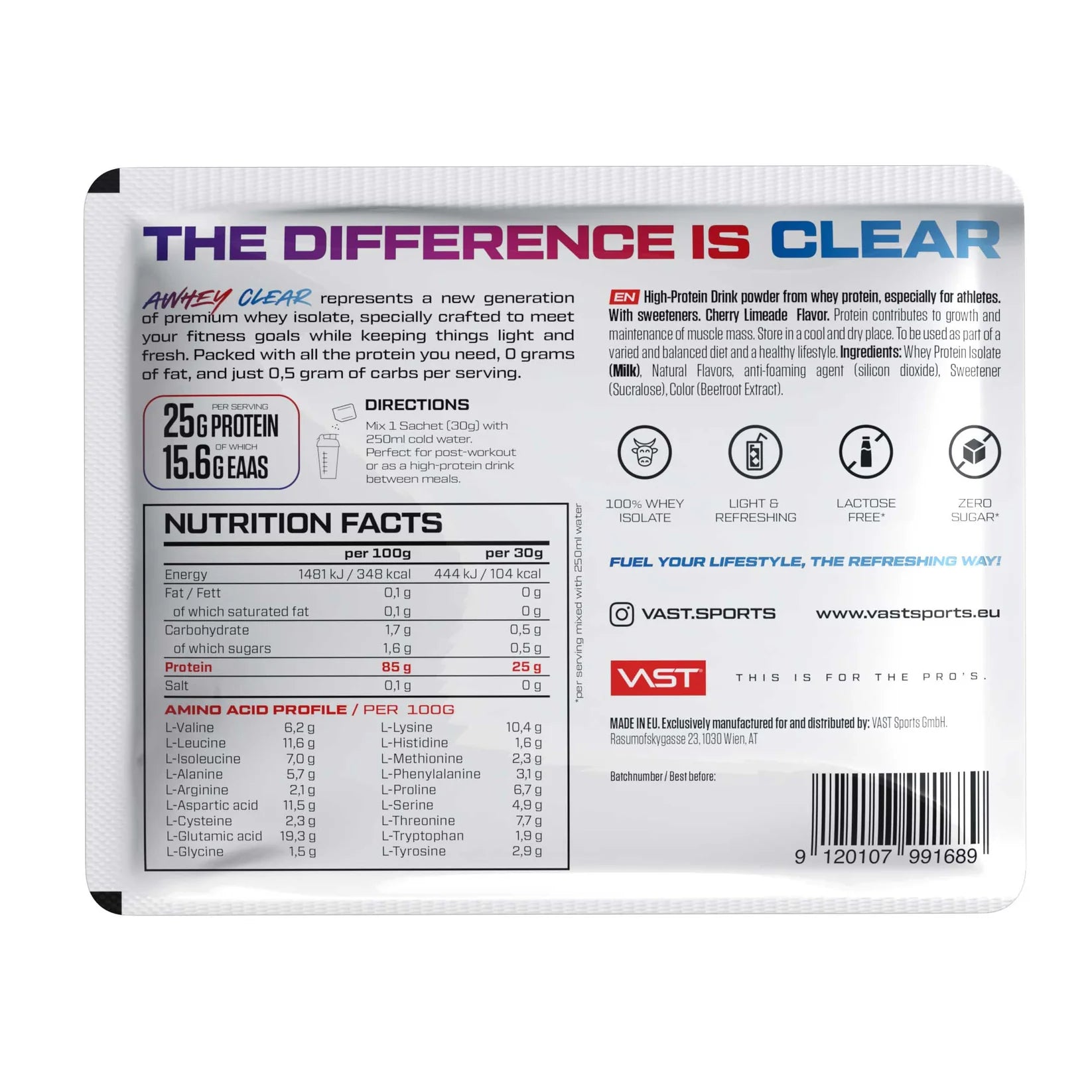 Vast AWHEY Clear whey protein sachet nutrition facts and ingredients