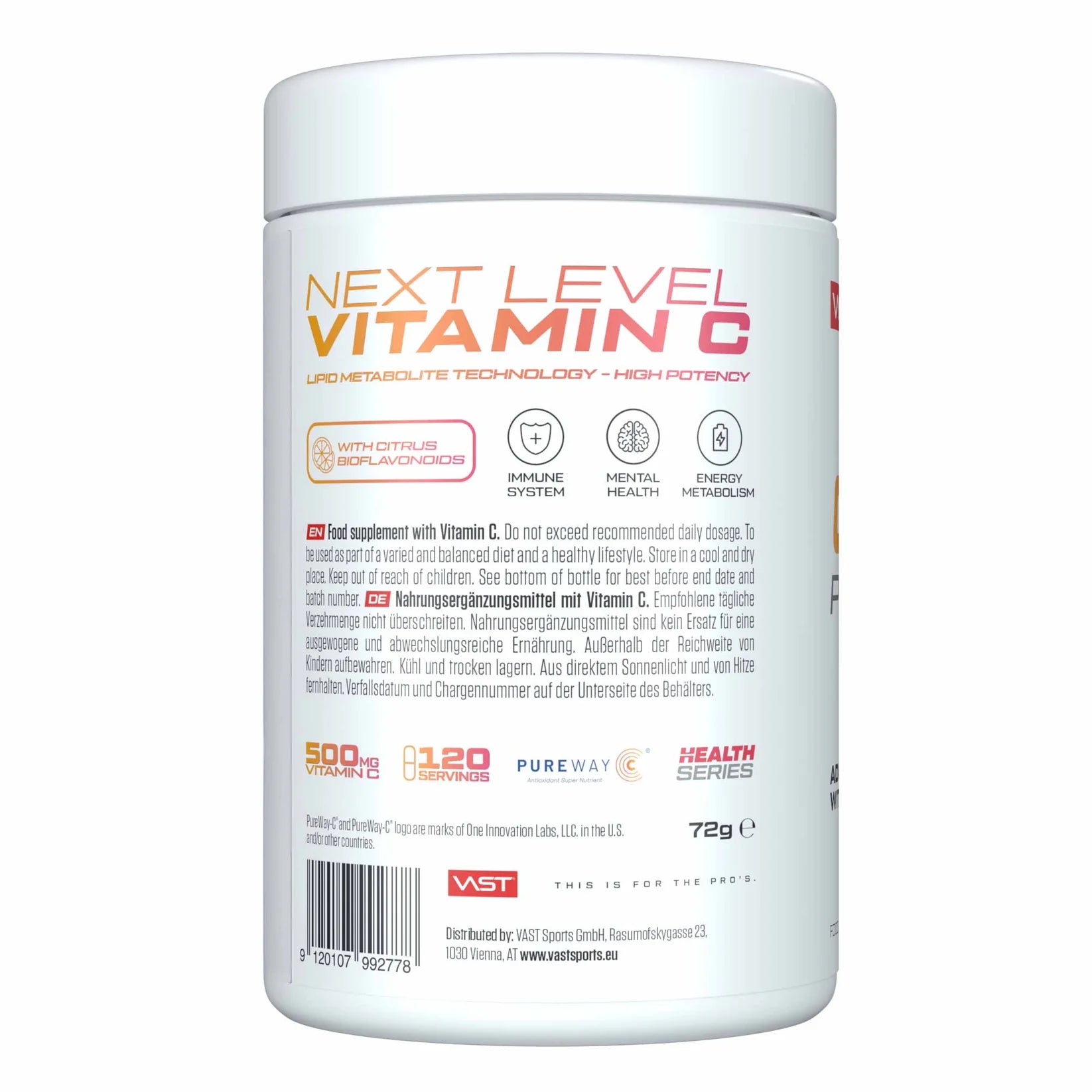 VAST C500 Pro Vitamin C Complex 120 Capsules – Back Label with Ingredients and Supplement Information