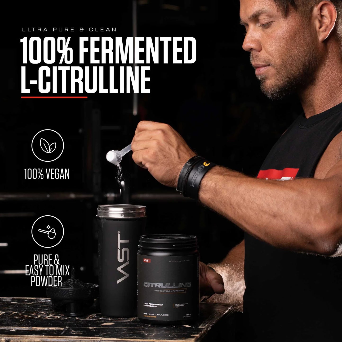 Athlete using VAST Citrulline 300g before training to support muscle pumps and exercise performance