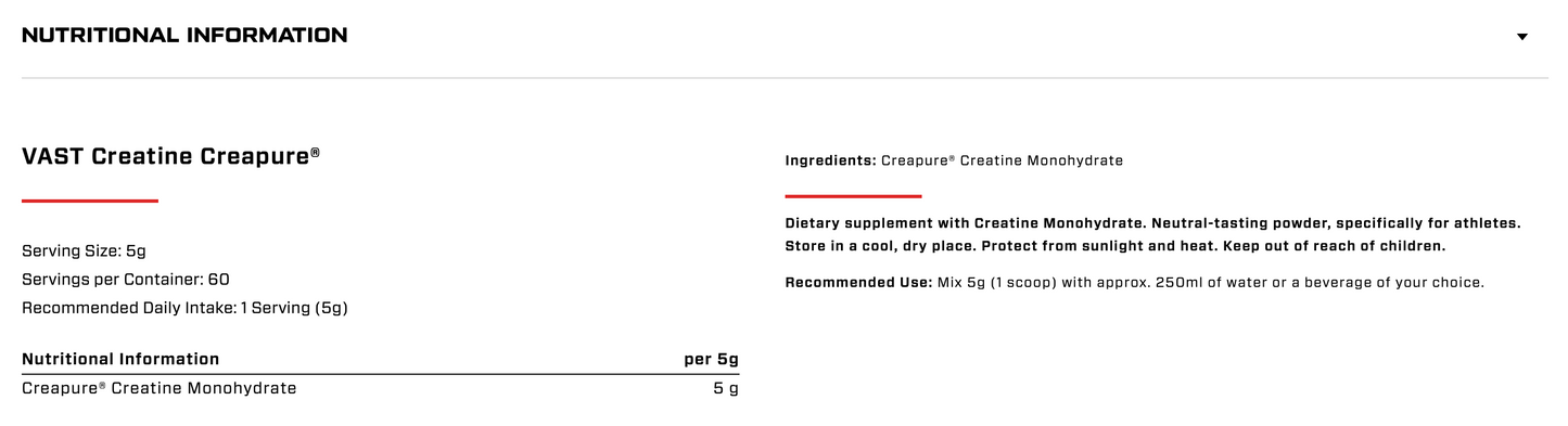 VAST Creatine Creapure 300g supplement facts creatine monohydrate 5g serving