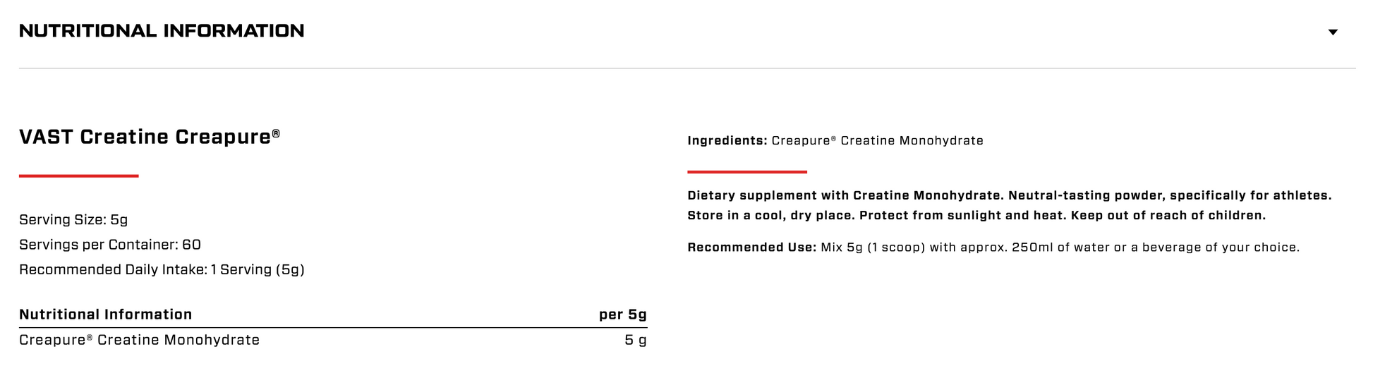 VAST Creatine Creapure 300g supplement facts creatine monohydrate 5g serving