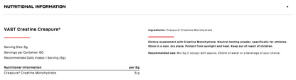 VAST Creatine Creapure 300g supplement facts creatine monohydrate 5g serving