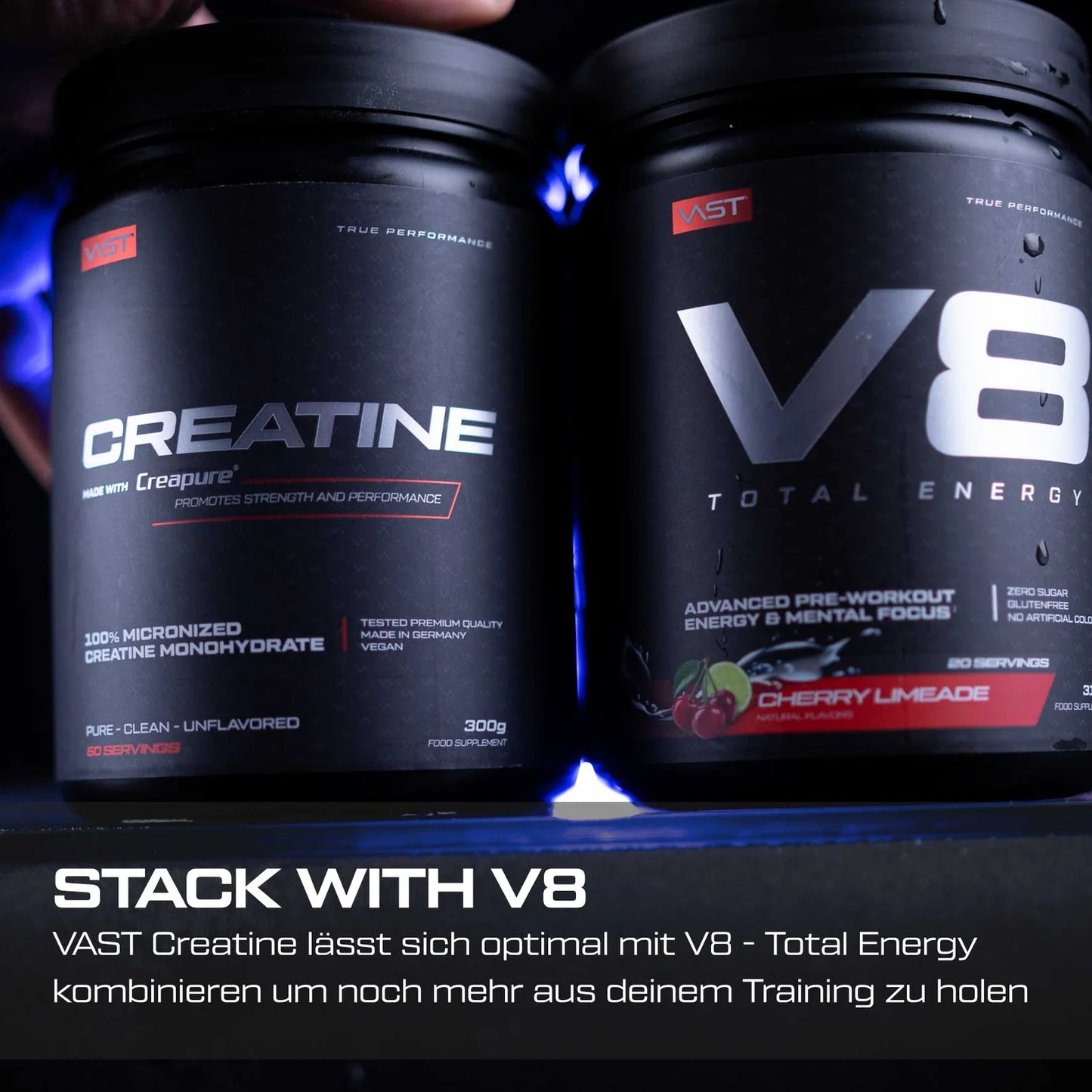 VAST Creatine Creapure 300g stacked with V8 Total Energy pre-workout for strength and performance