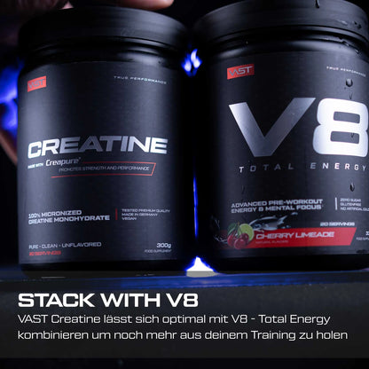 VAST Creatine Creapure 300g stacked with V8 Total Energy pre-workout for strength and performance