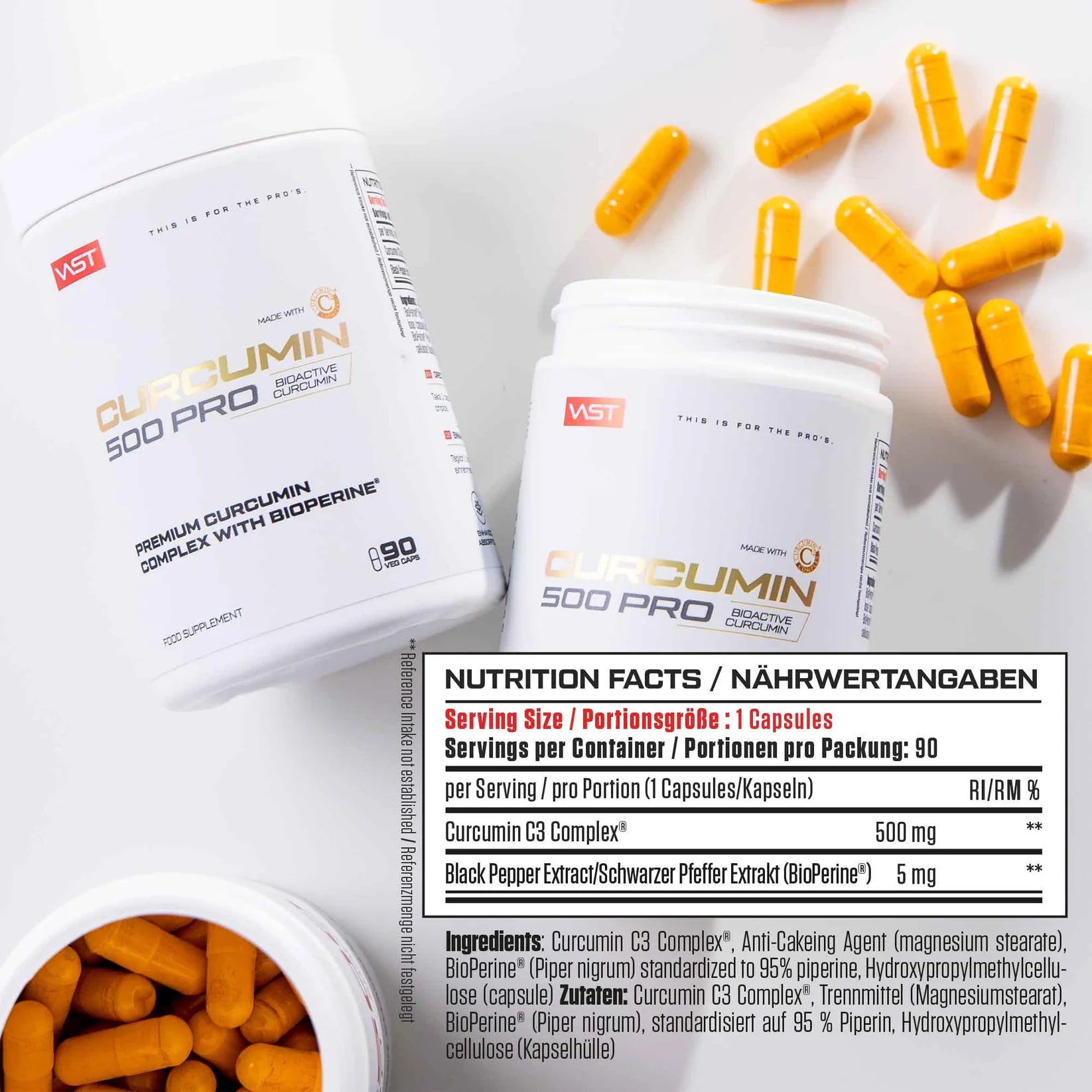 VAST Curcumin 500 Pro capsules with Bioperine 90 vegan capsules supplement bottle and nutrition facts