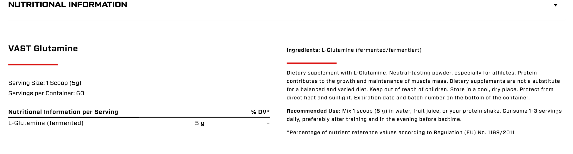VAST Glutamine 300g nutrition label and ingredient information