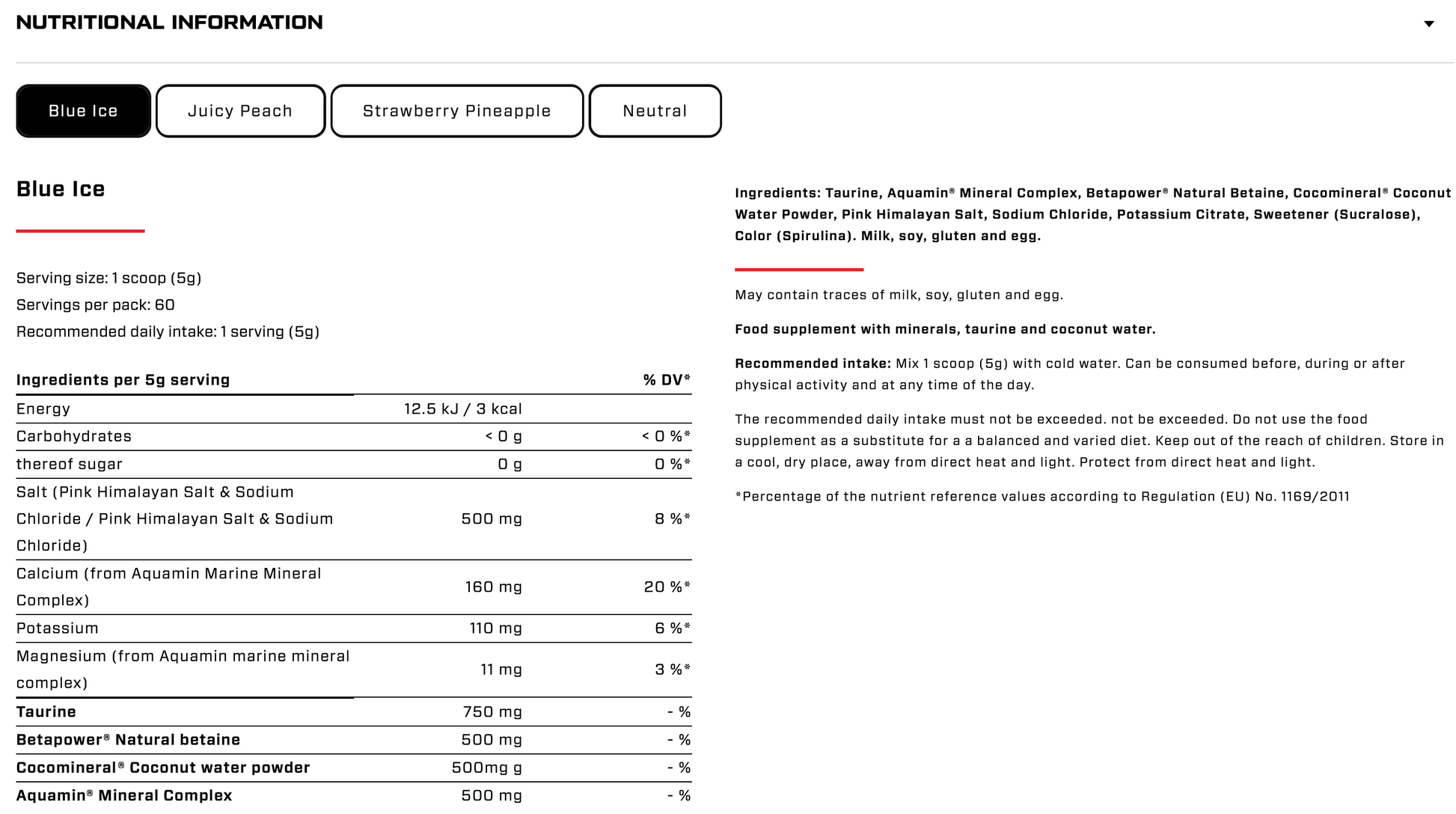 VAST Hydro 300g electrolyte formula nutrition facts