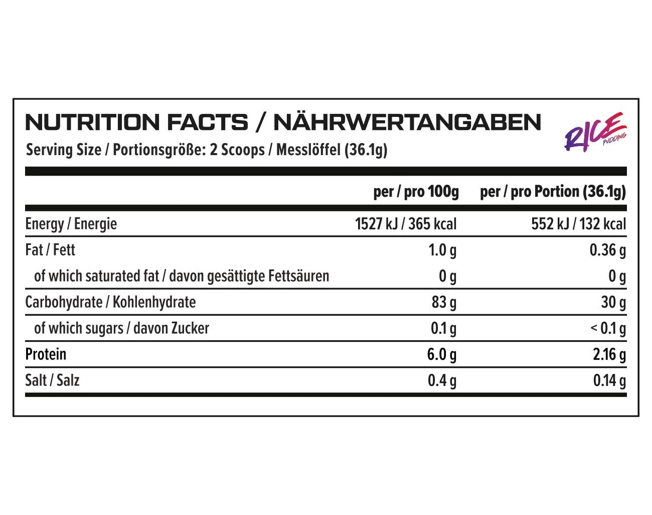 VAST Rice Pudding 900g nutrition facts high carbohydrate gym meal