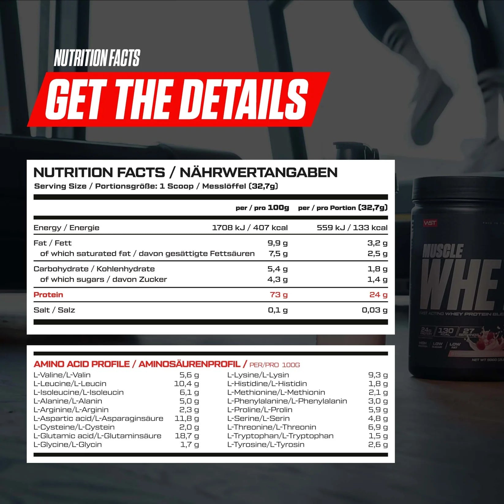 VAST Muscle Whey supplement facts label