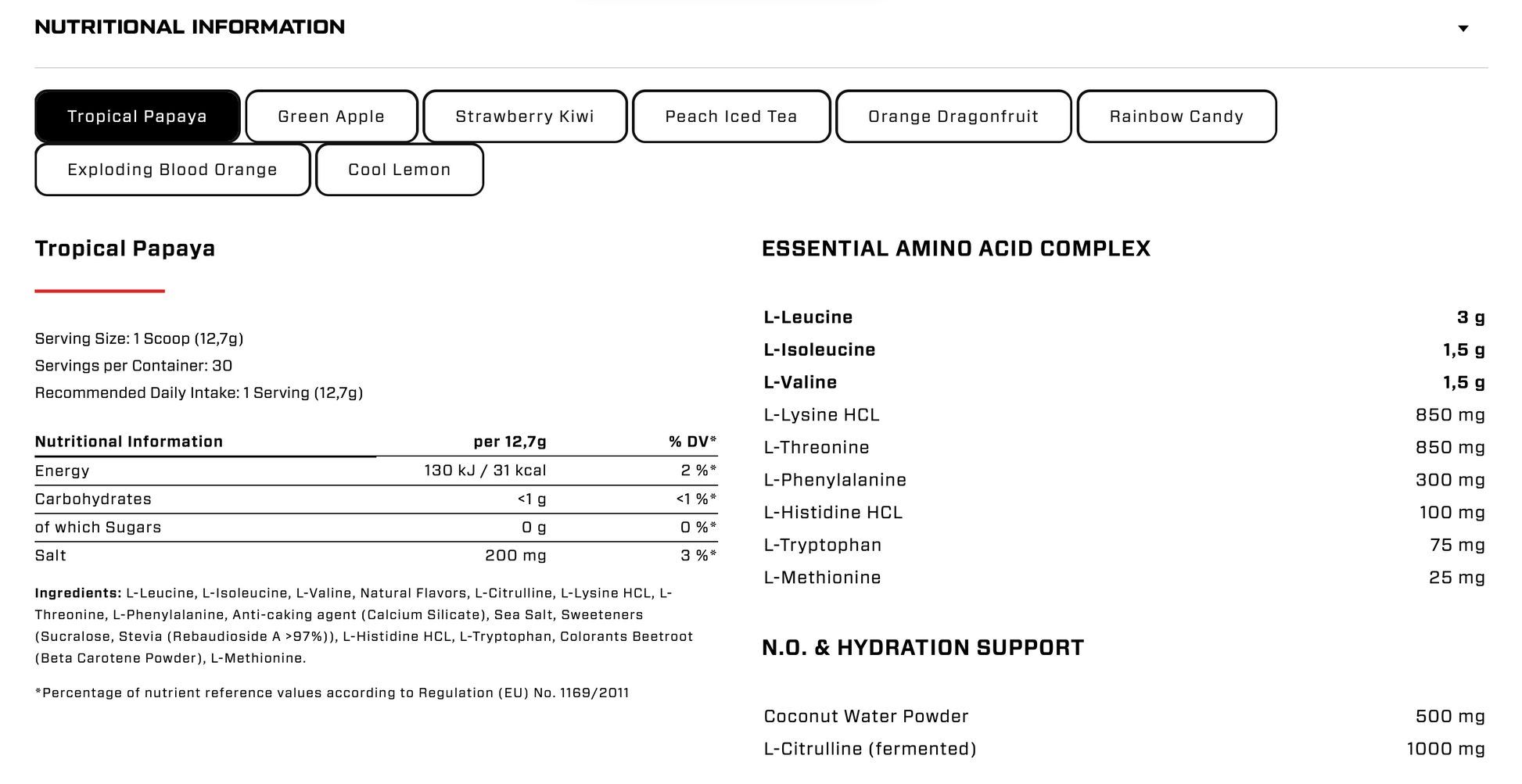 VAST Total Amino EAA 387g essential amino acids and electrolyte complex nutrition label