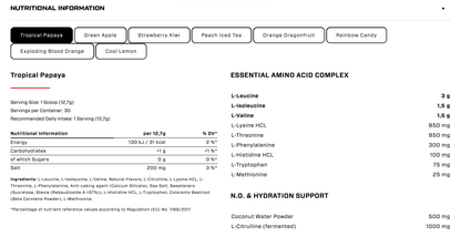 VAST Total Amino EAA 387g essential amino acids and electrolyte complex nutrition label