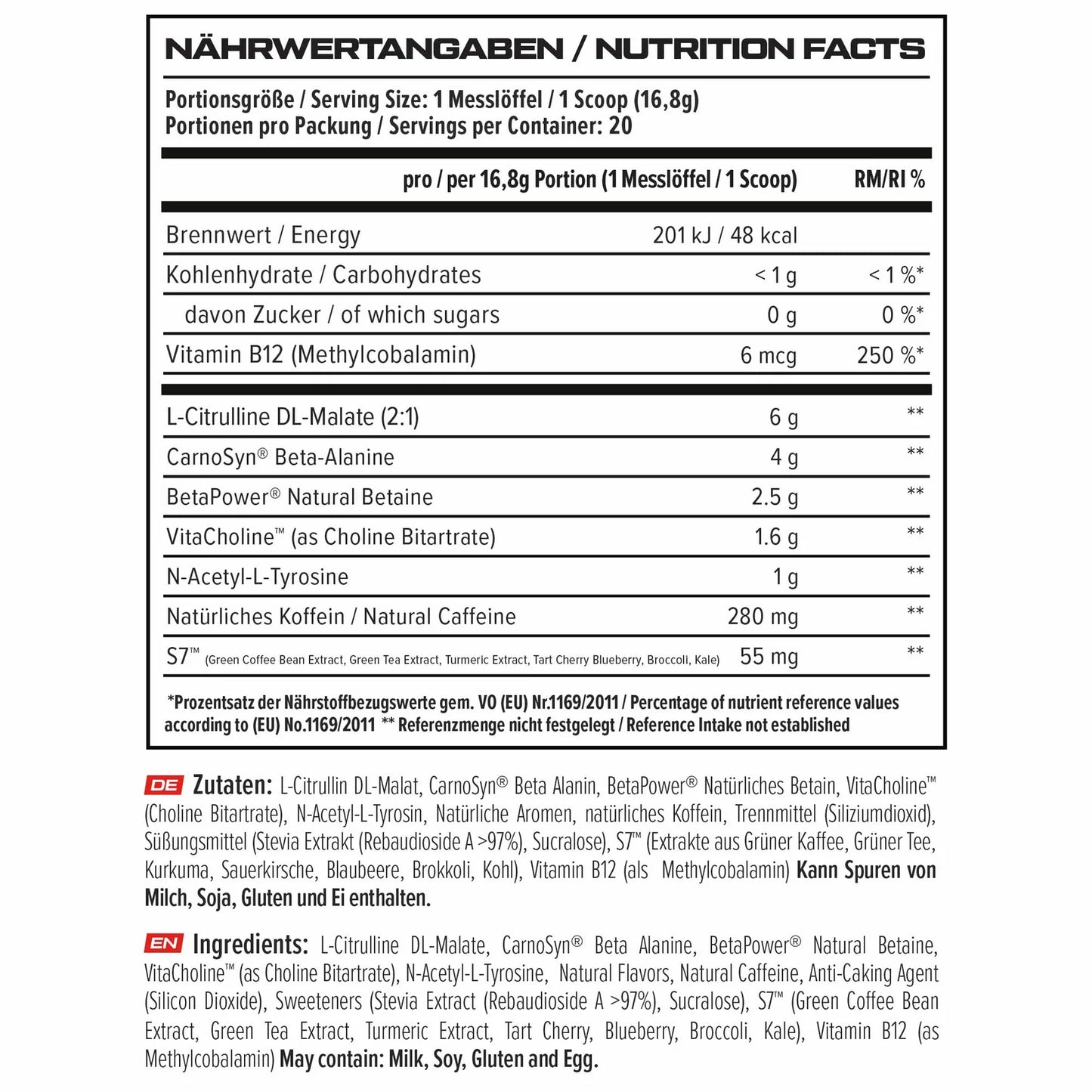 VAST V8 Black Edition supplement facts panel 20 servings 280mg caffeine pre workout formula