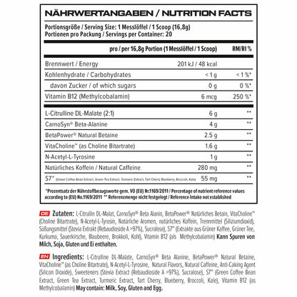 VAST V8 Black Edition supplement facts panel 20 servings 280mg caffeine pre workout formula