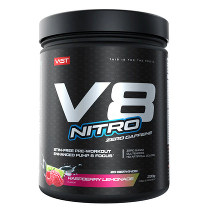 VAST V8 Nitro stim free pre workout Raspberry Lemonade 20 servings 330g zero caffeine