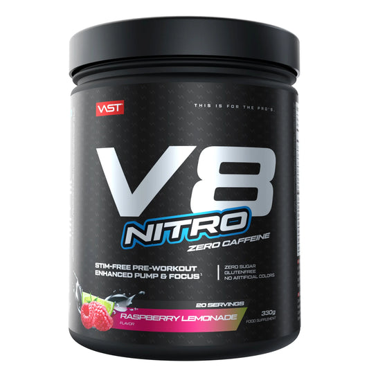 VAST V8 Nitro stim free pre workout Raspberry Lemonade 20 servings 330g zero caffeine
