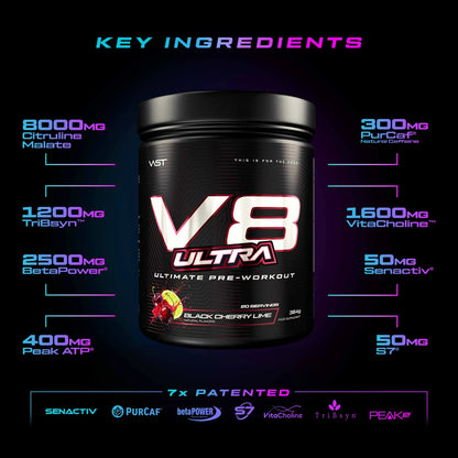 VAST V8 Ultra pre-workout key ingredients formula breakdown 364g