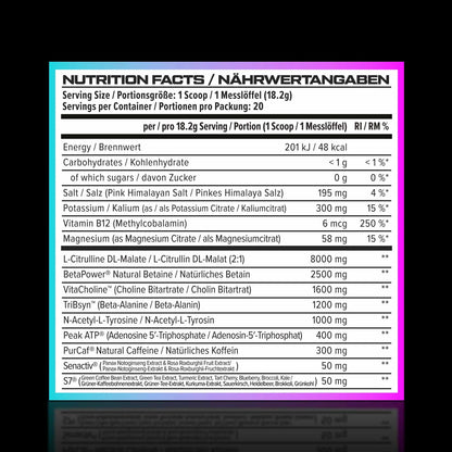 VAST V8 Ultra pre-workout supplement facts and nutrition label 364g