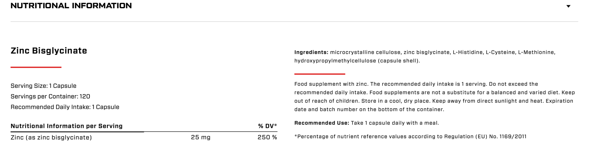VAST Zinc Bisglycinate 25mg per capsule – Nutrition Information and Supplement Facts Label