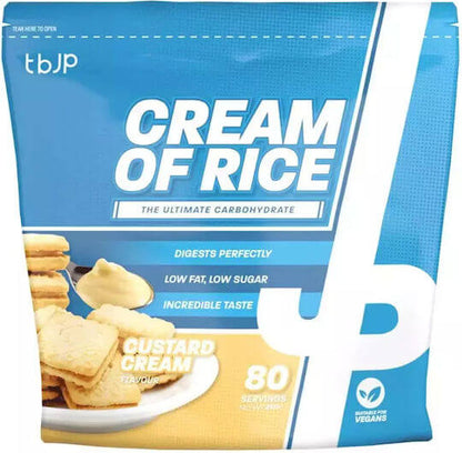 tbJP Cream of Rice 2KG package featuring custard cream flavor, low fat, and low sugar for a tasty nutrition boost.