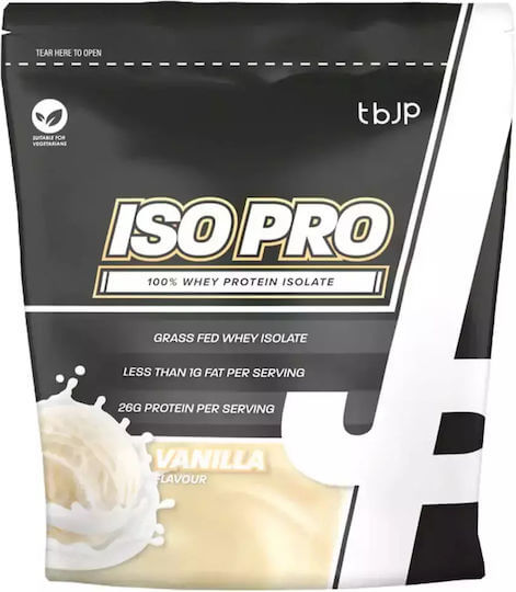 TBJP Iso Pro whey protein isolate package, grass fed, vanilla flavor, 26g protein, less than 1g fat per serving.