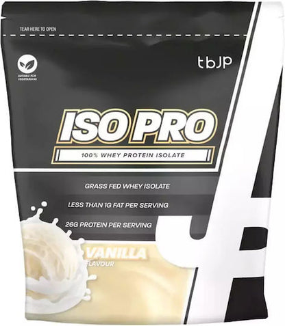 TBJP Iso Pro whey protein isolate package, grass fed, vanilla flavor, 26g protein, less than 1g fat per serving.