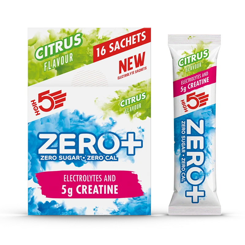 ZERO+ Citrus flavour electrolyte and creatine box containing 16 sachets with 5g creatine and zero sugar