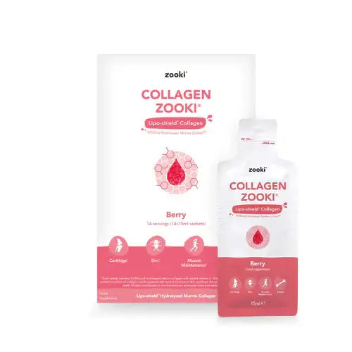 Zooki collagen liquid berry flavour packaging with sachets and bottle