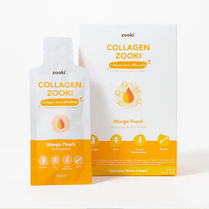 Zooki collagen liquid mango peach flavour packaging with sachet and box