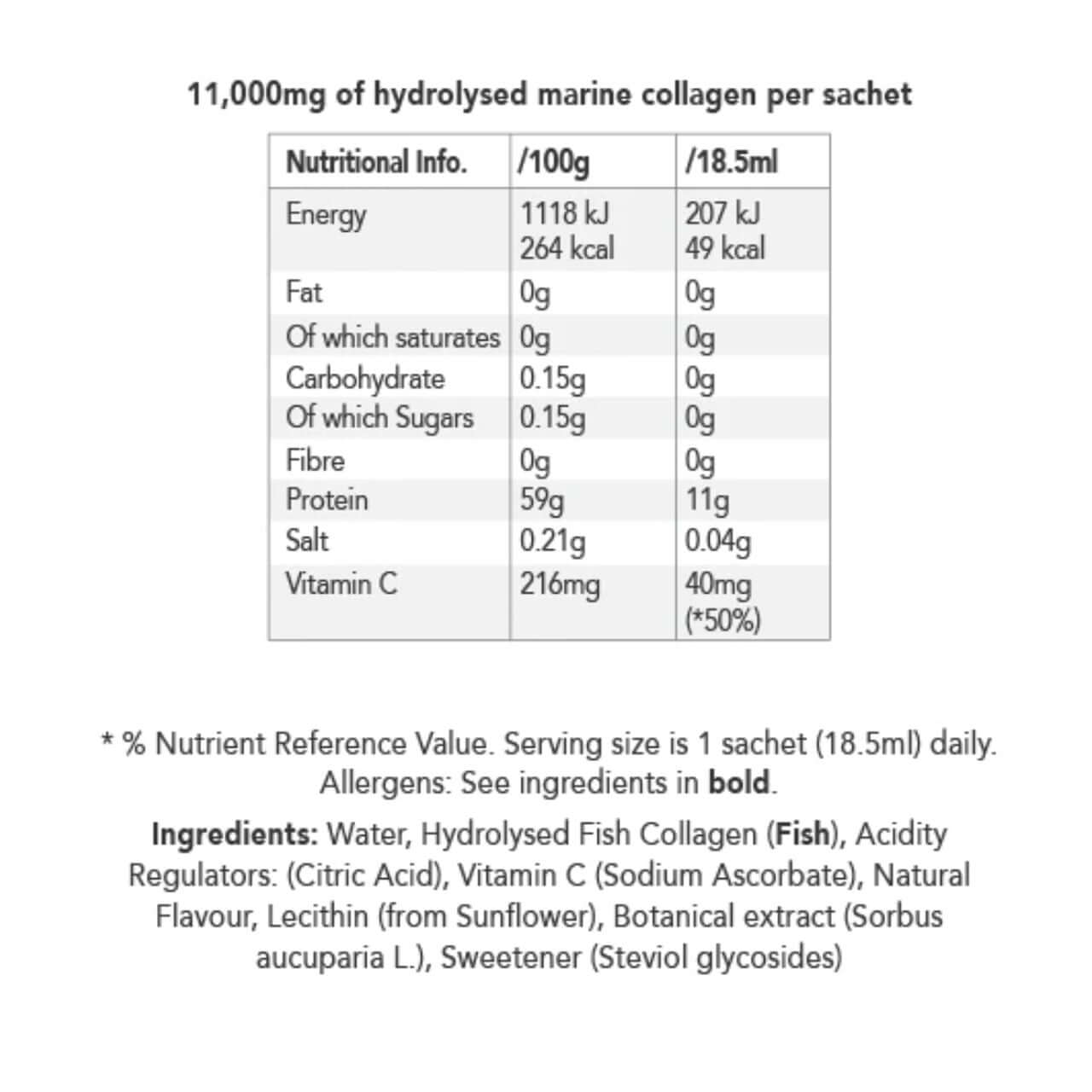 Nutrition facts and ingredients label for Zooki collagen liquid mango peach sachets