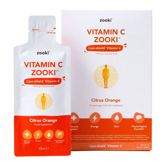 Zooki Vitamin C liposomal supplement in citrus orange flavour, showing sachet and box packaging.